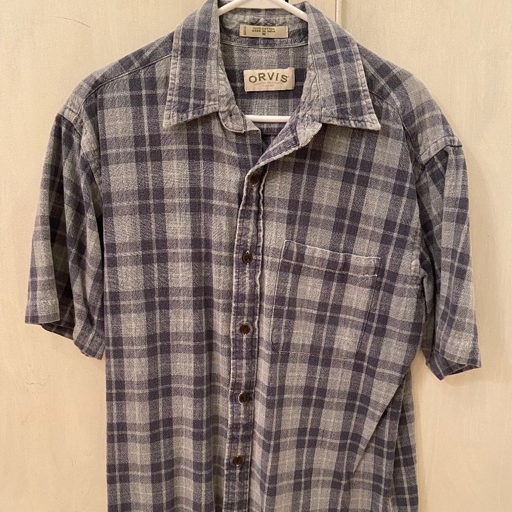 Orvis blue plaid short sleeve button down shirt